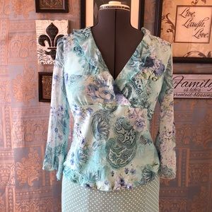 Silk Blouse Aqua floral ruffles French style Large